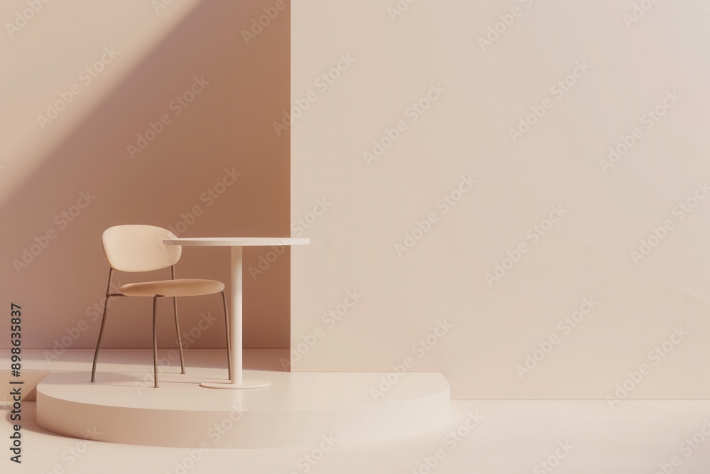 Aufkleber a simple white chair and round table stand on a platform in a white room with pale pink walls. gener