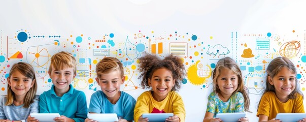 Diverse group of children using tablets for learning and education