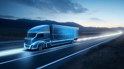 The futuristic blue truck is traveling on the highway. Generated Ai