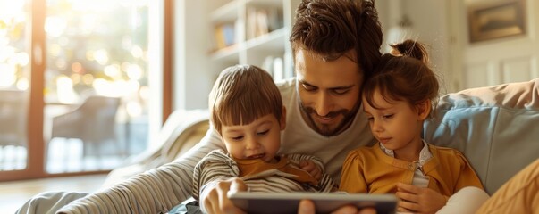 Smiling family using tablet together on cozy living room sofa, bonding and enjoying quality time