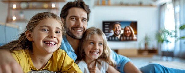 Happy family watching TV together in living room, enjoying quality time and bonding
