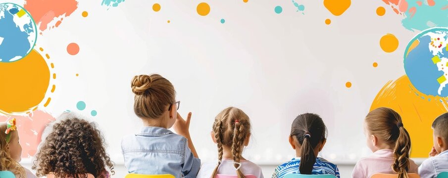 Smiling children learning about the world with a globe in a bright and cheerful classroom