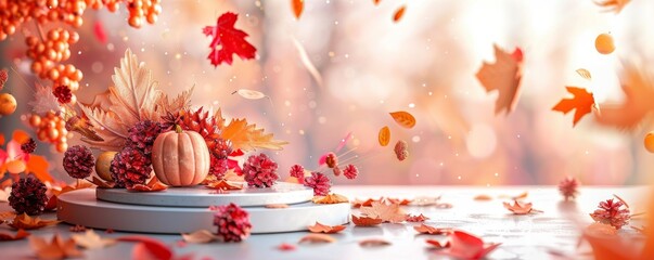 Autumn scene with pumpkins and falling leaves on a wooden platform