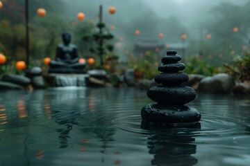 Obraz premium A serene scene of a Zen garden featuring a stone cairn stacked in the foreground with smooth, dark stones, each adorned with water droplets.
