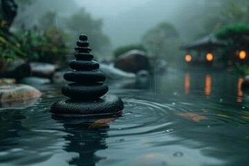 Obraz premium A serene scene of a Zen garden featuring a stone cairn stacked in the foreground with smooth, dark stones, each adorned with water droplets.