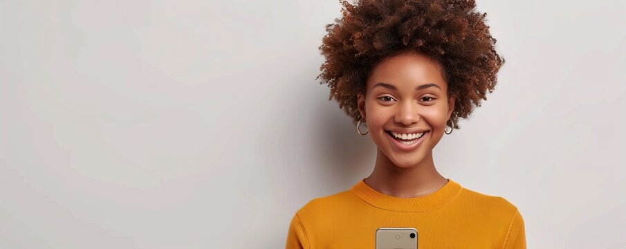 Happy woman using smartphone with futuristic digital interface and icons