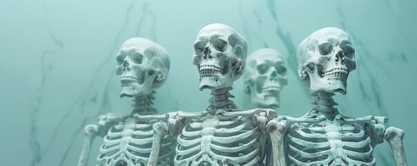 Fototapeta premium Three human skeletons in front of a teal marble background