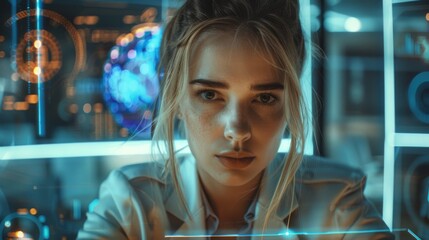 Woman in futuristic room looking at glowing interface with global data and technology