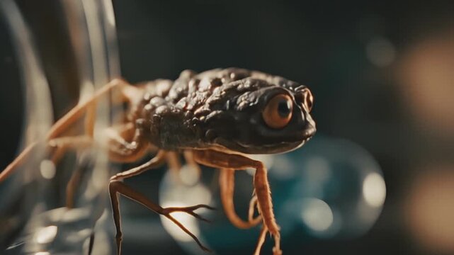A strange alien creature, looking like a frog and insect chimera organism escaping broken jar in a lab. Dangerous experiment, sci-fi movie, DNA genetically modified organism concepts. 4k clip.