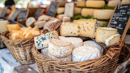 Diverse assortment of cheeses at a bustling farmer's market cheese stall