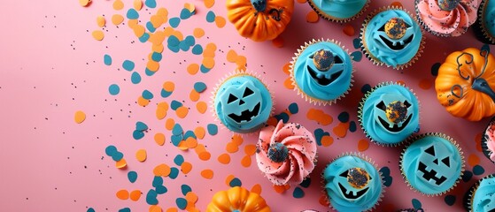 A collection of cute Halloween-themed cupcakes with smiling faces surrounded by paper cut confetti on a pastel background