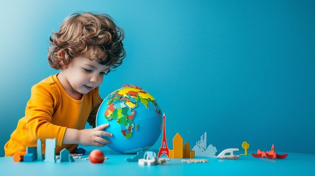 A child playing with a globe puzzle and paper cut landmarks on a bright blue background a fun geography learning activity