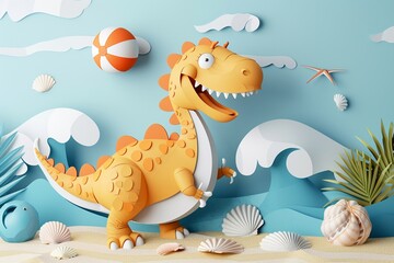 A 3D pop art front view of a happy dragon roasting marshmallows over a campfire with paper cut stars and a full moon on a dark blue background