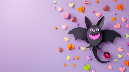 A smiling vampire bat with colorful paper cut hearts and candy on a light purple background a cute and lovable Halloween character