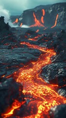 Close-up of bright, molten lava streaming through dark, rugged rocks in a volcanic setting.