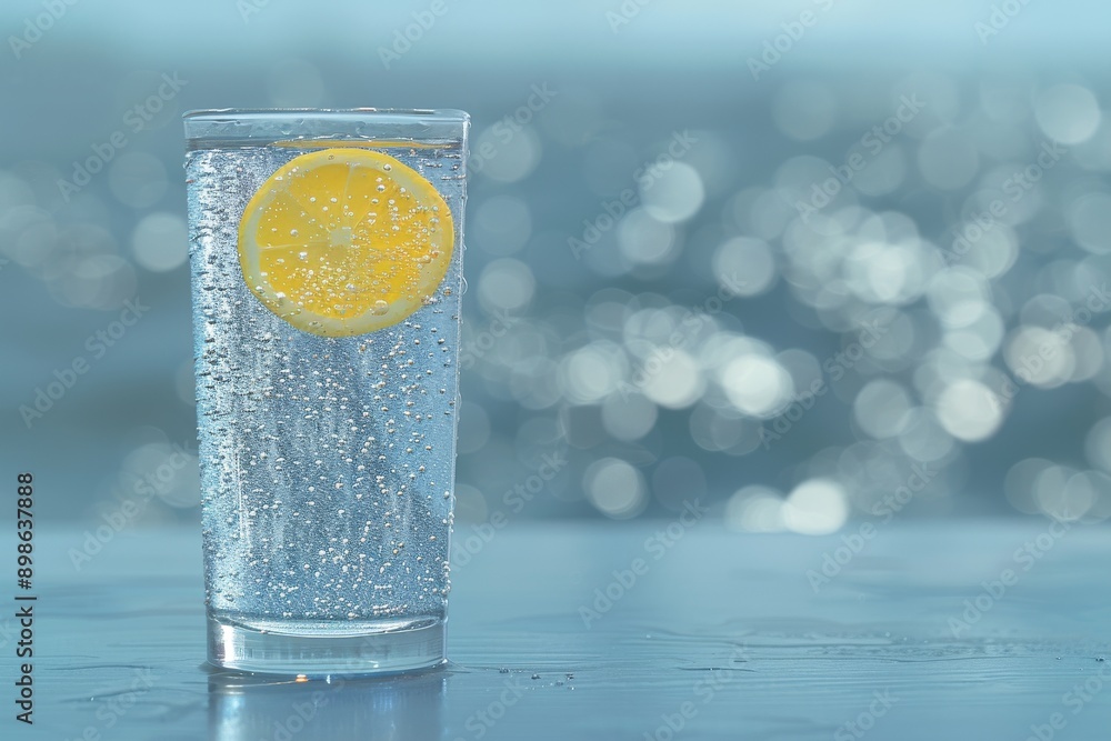 Poster refreshing sparkling water with a lemon slice vibrant and cool representing freshness and hydration 