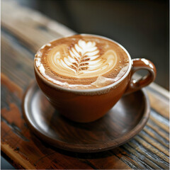 hot coffee in the cup on wooden table