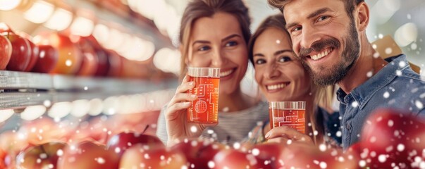 Friends enjoying fresh apple juice in a cozy market setting surrounded by apples