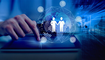 A businessman presents a global partnership concept, showcasing interconnected icons and strategies for business collaboration.