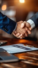Two businessmen shaking hands over a signed contract.