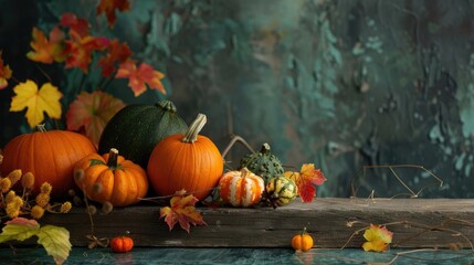 Autumn harvest still life with pumpkins and fall leaves on rustic wood.