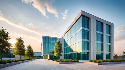 Fototapeta premium a street with a lot of buildings, many large windows, sleek glass buildings,