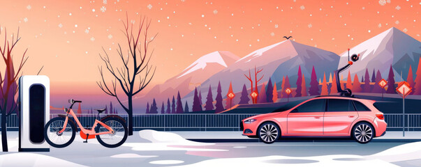 Renewable transport, electric vehicles and bike-sharing, flat design illustration