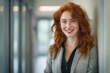 A woman with red hair is smiling and posing for a picture. She is wearing a black shirt and a gray jacket
