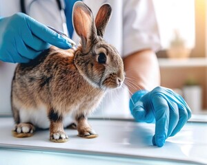 Veterinarian examining a rabbit with gloves, sunlight in the background, animal care and medical check-up concept