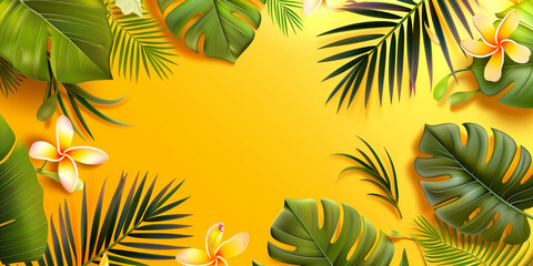 Fototapeta premium Stunning yellow backdrop adorned with an array of tropical leaves and flowers, capturing the essence of an exotic paradise. The vibrant design radiates warmth and energy.