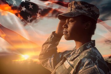 A woman in a military uniform is saluting the American flag. Concept of patriotism and pride in one's country