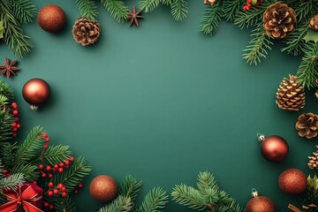 A green background with a Christmas tree and red and gold ornaments. The tree is surrounded by a frame of green leaves