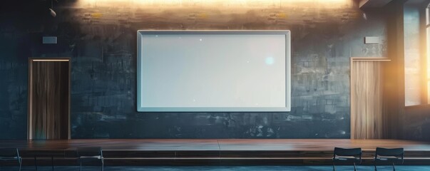 Modern empty stage with large blank screen and wooden doors in a dimly lit spacious room