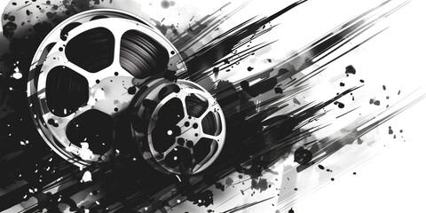 Film reels with abstract black ink splashes and dynamic brush strokes on a white background