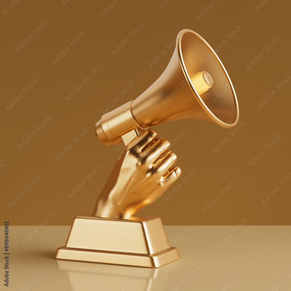 Poster golden business award trophy in shape of hand with megaphone. 3d rendering