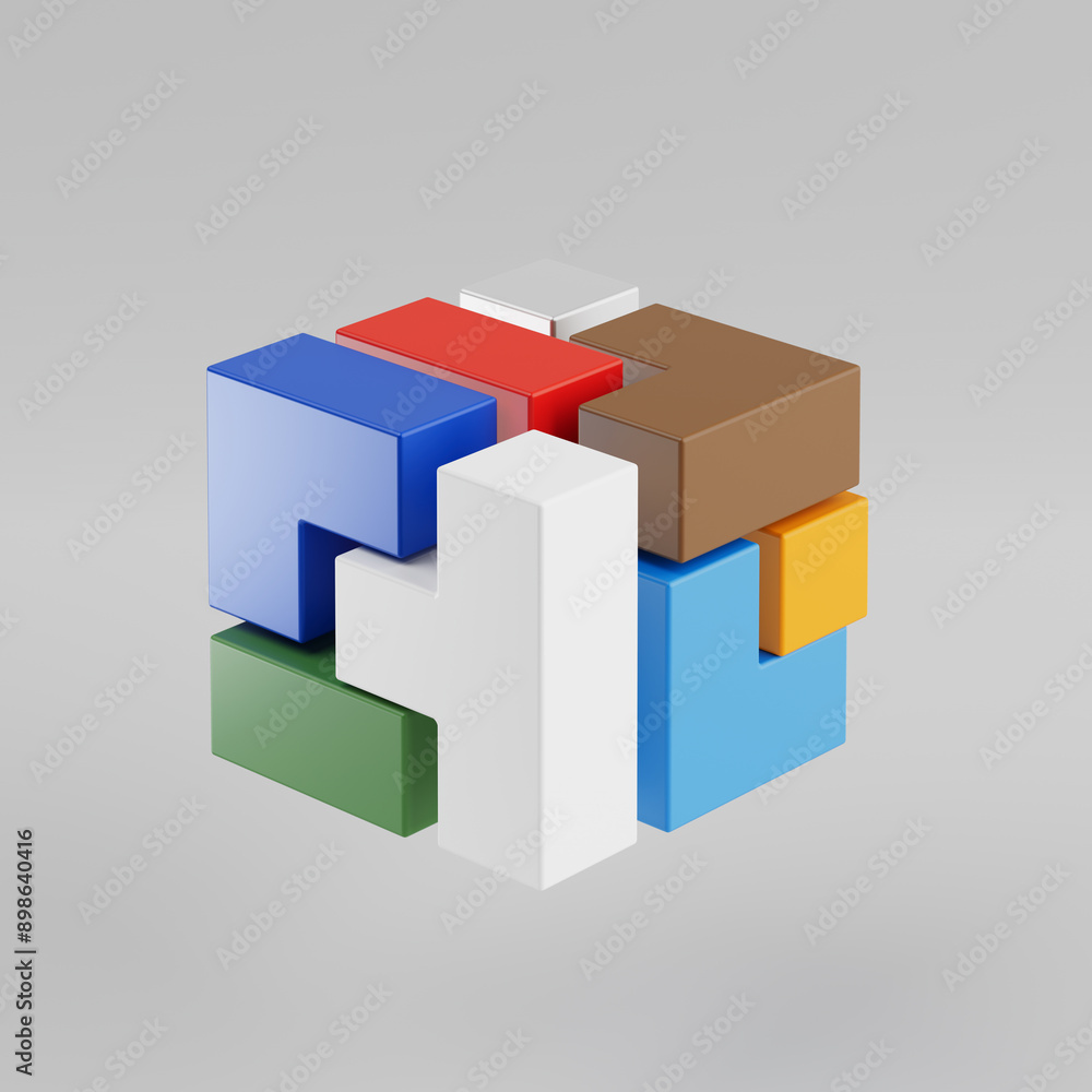 Poster abstract geometric compose of colorful blocks in shape of cube logo icon. 3d rendering