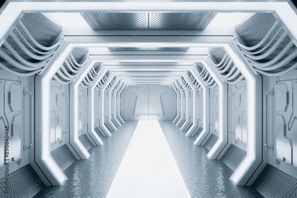 Poster bright futuristic sci-fi hallway corridor of spaceship interior. 3d rendering