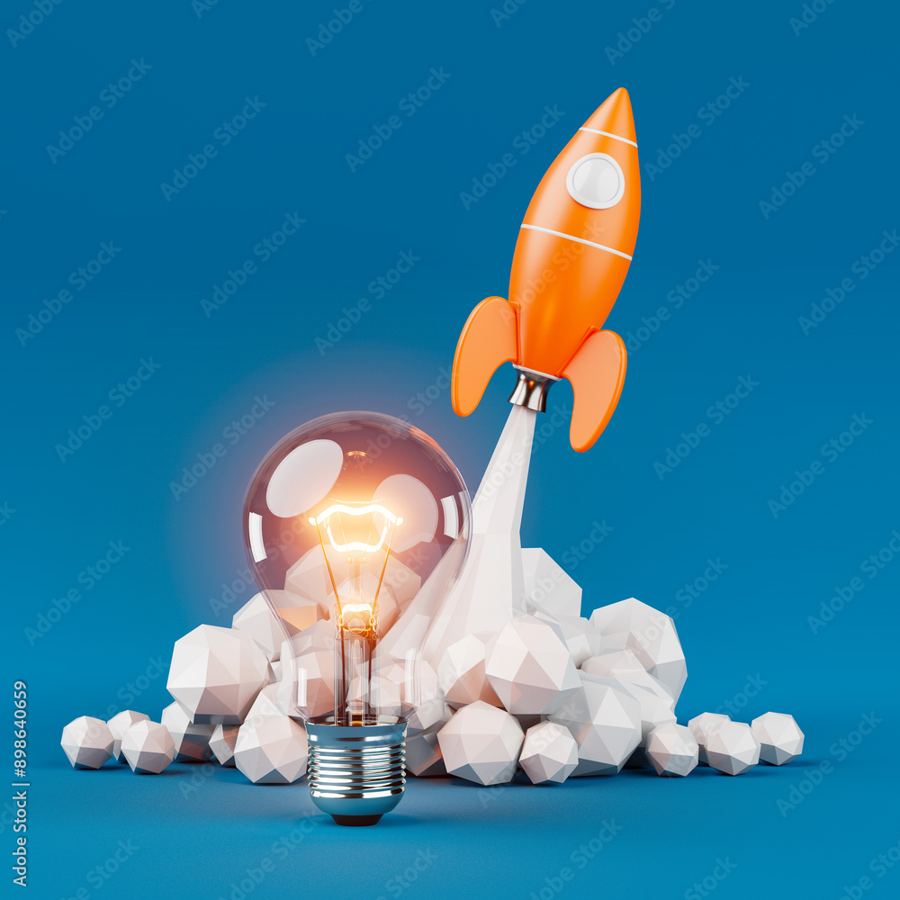 Poster startup creative idea concept. toy rocket takes off spewing smoke with creative light bulb. 3d rende