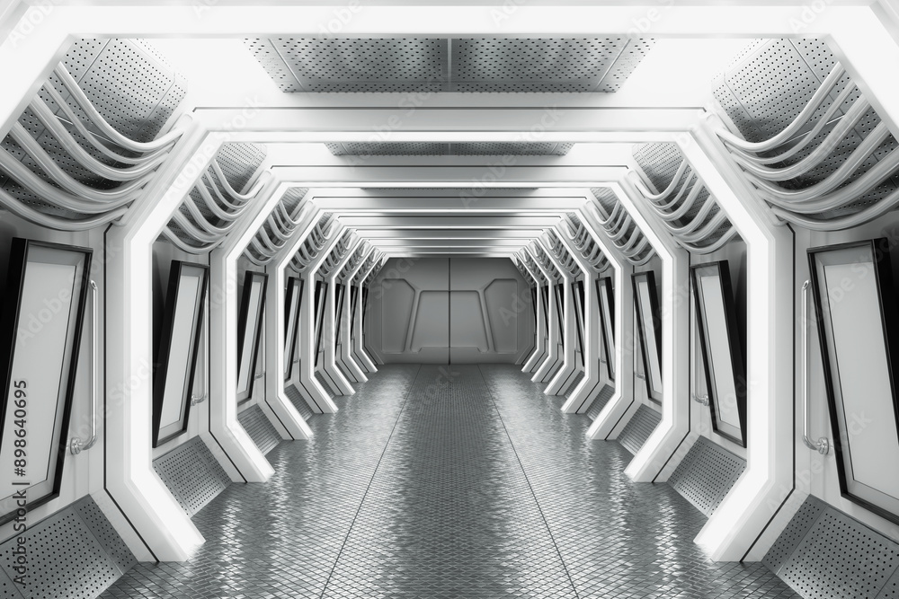 Poster bright futuristic sci-fi hallway corridor of spaceship interior. 3d rendering