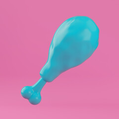 Blue Cartoon Absrtract Chicken Leg with Bone in Duotone Style. 3d Rendering