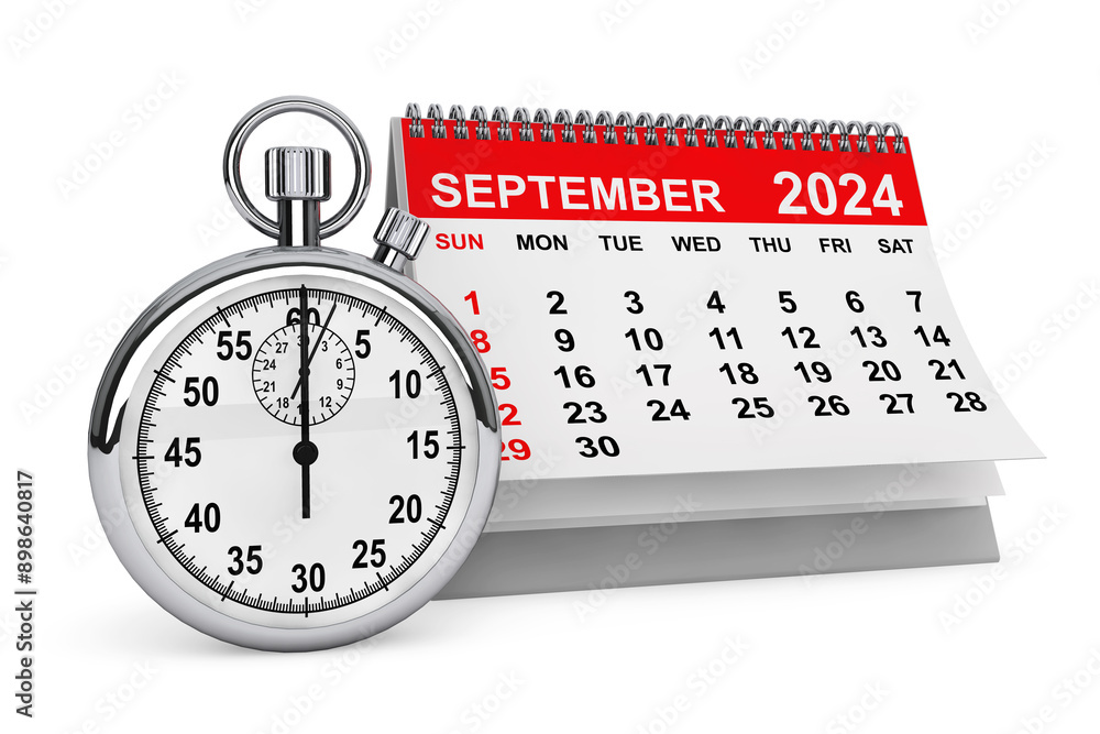 Poster 2024 year september calendar with stopwatch. 3d rendering