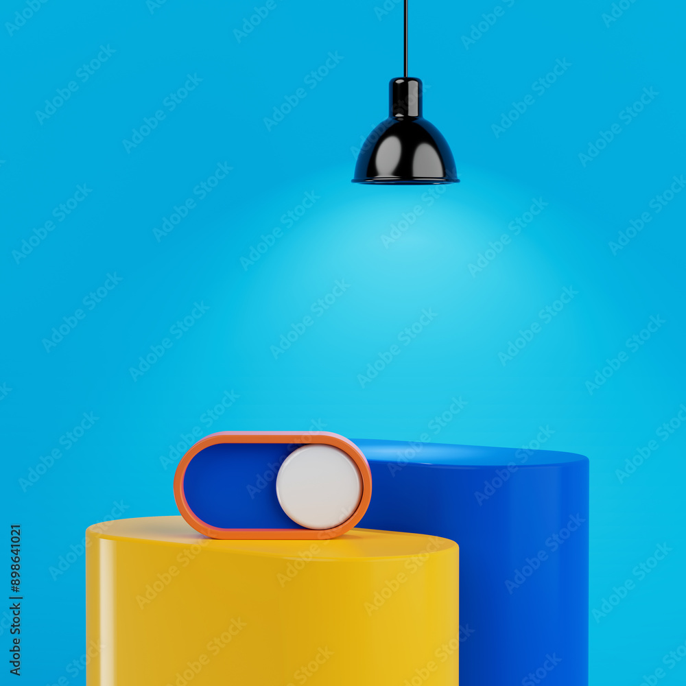 Poster abstract switch on slider button with ceiling lamp over product display stages. 3d rendering