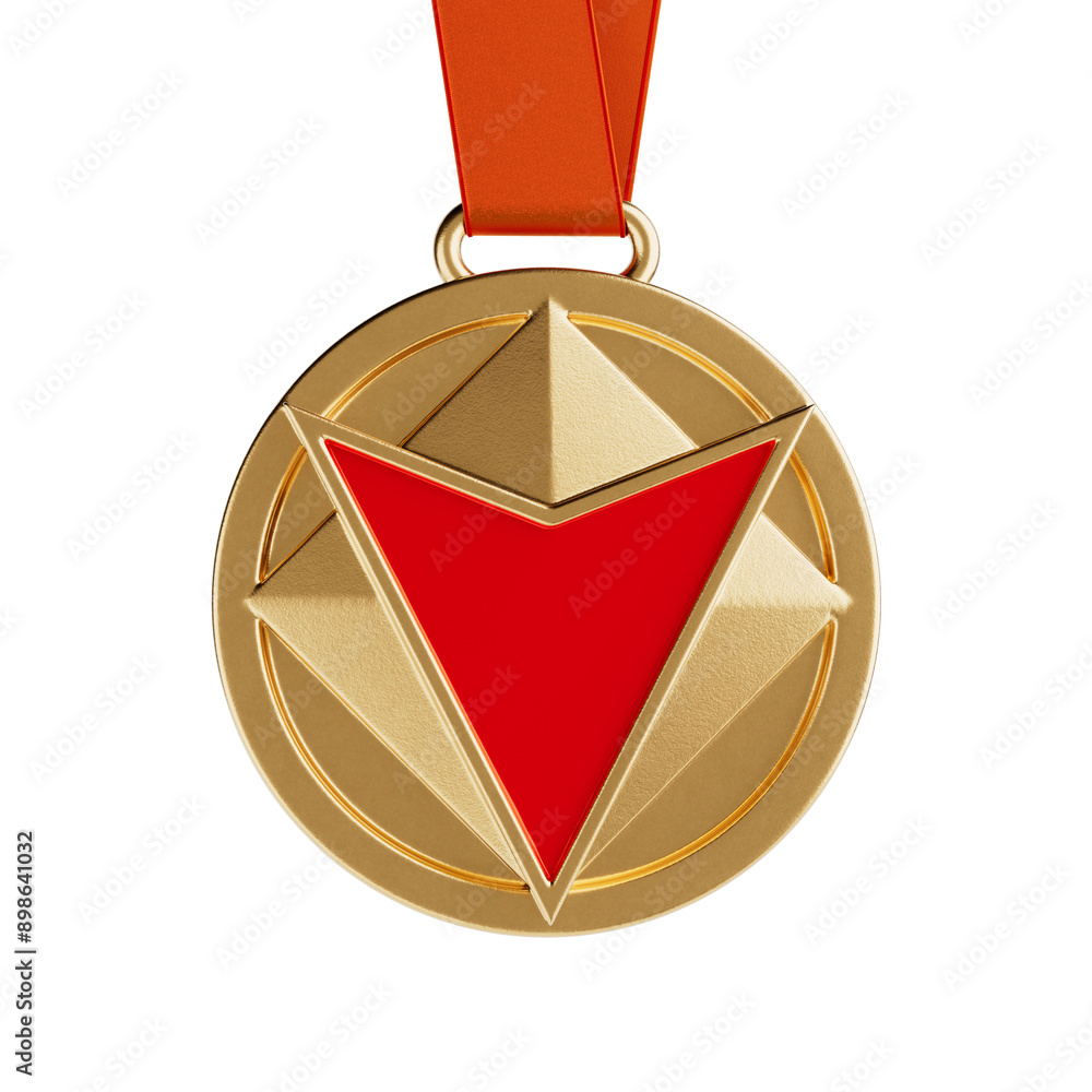 Aufkleber golden abstract geometric shapes medal with red arrow. 3d rendering