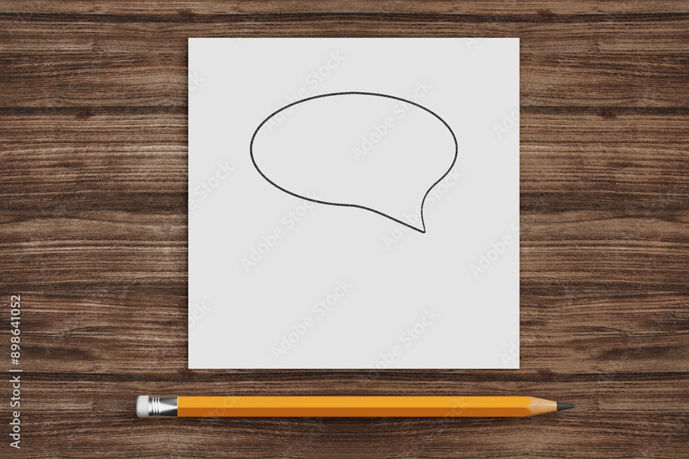 Poster white paper with speech bubble and pencil on a wooden desk. 3d rendering