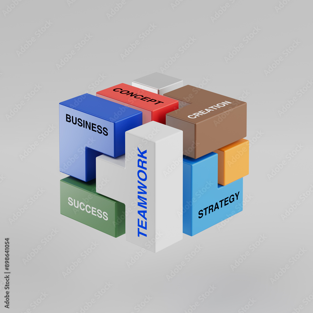 Poster business teamwork concept. abstract geometric compose of colorful blocks in shape of cube logo icon.