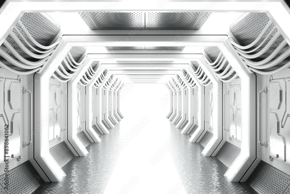 Poster bright futuristic sci-fi hallway corridor of spaceship interior. 3d rendering