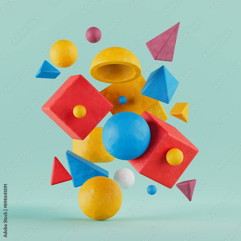 Aufkleber minimalism plasticine clay geometric shapes composition. 3d rendering