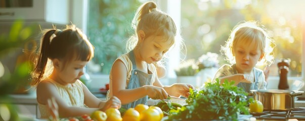 Happy children cooking in a sunny kitchen with fresh vegetables and herbs