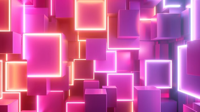 3d render of a colorful background showing glowing neon cubes forming a modern pattern