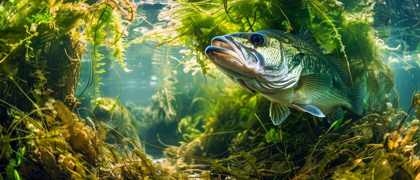 A detailed underwater scene featuring a bass fish surrounded by lush aquatic vegetation, capturing the beauty of an aquatic ecosystem